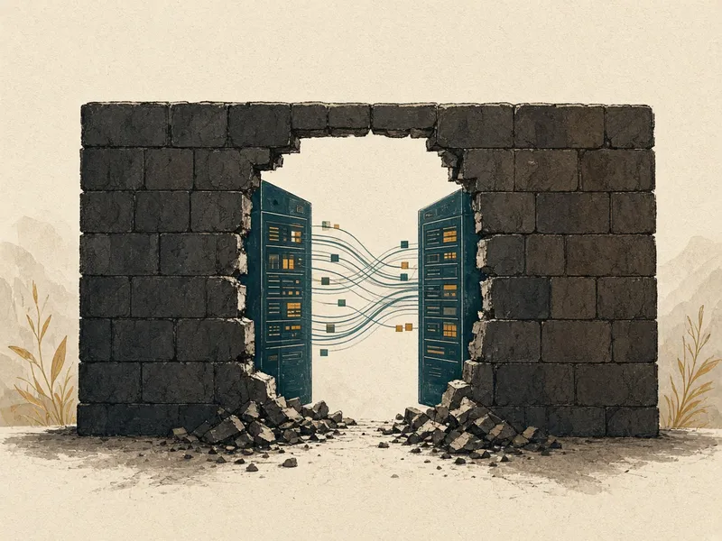 A firewall wall with a gap, and two servers talking through it